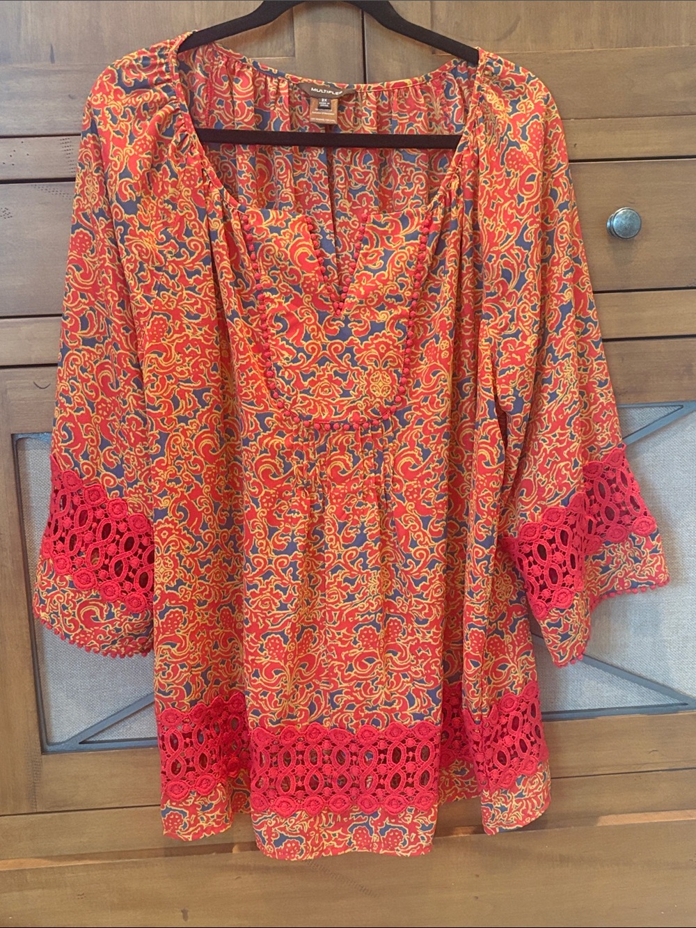 Multiples Orange and Red Paisley Tunic with Crochet Accents